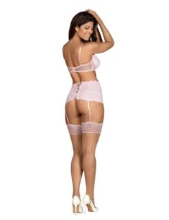 Obsessive Girlly Bra Garter Belt And Thong Set - Pink